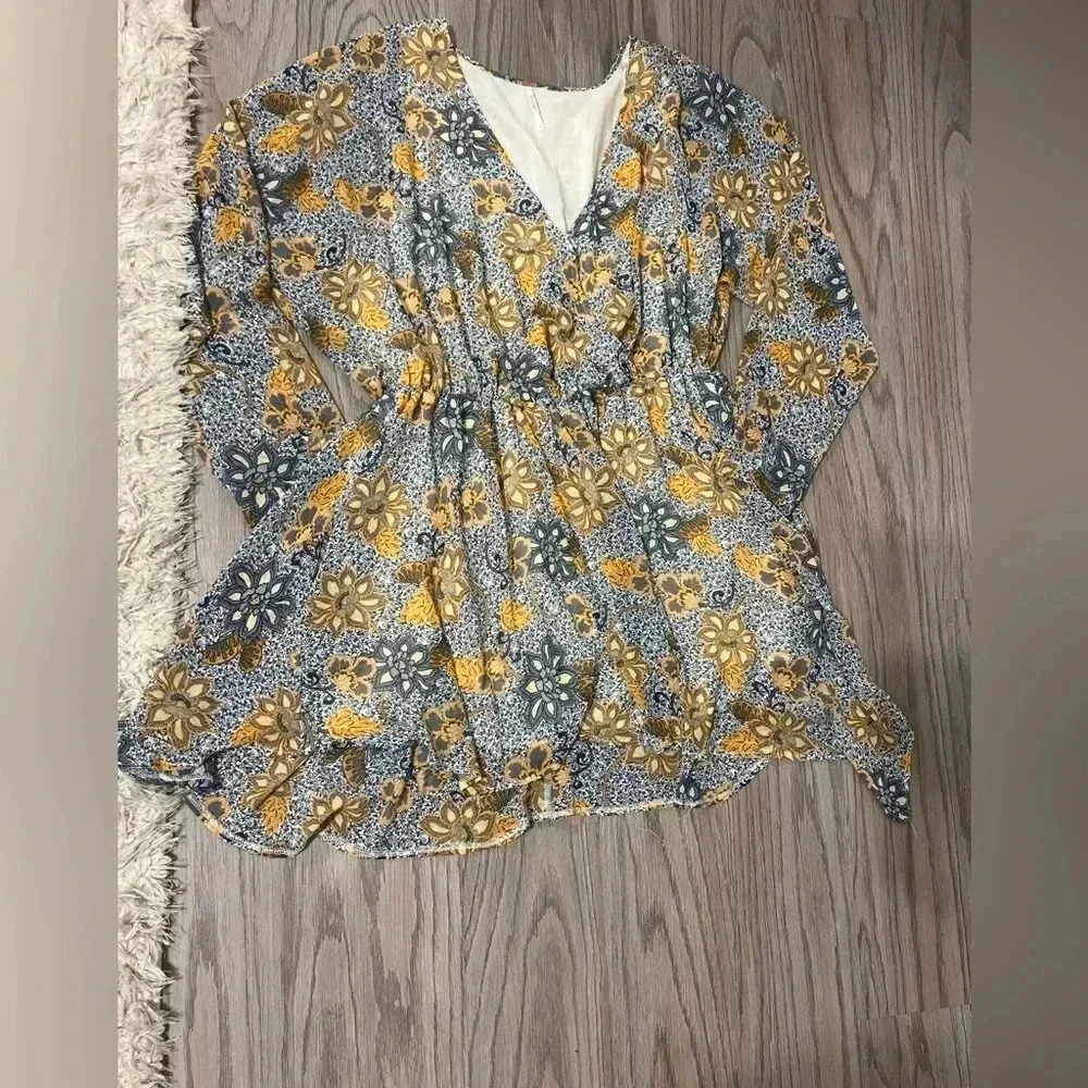 Free People Gray and Mustard Floral Wrap Mini Dress - Picture 6 of 15